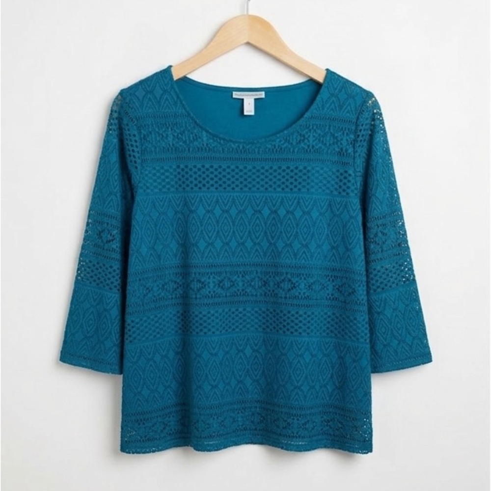 Dana Buchman Turquoise V-Neck Lace Overlay 3/4 Bell Sleeve Lace Overlay Blouse